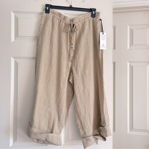 NWT Marrakesh Natalia Linen Cropped Wide Leg Pants Pockets Tan Neutral Size L